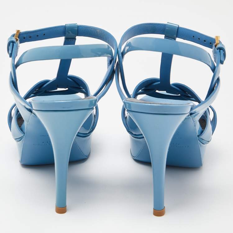 مملوكة مسبقًا Saint Laurent Blue Patent Leather Tribute Ankle Strap Sandals Size 38.5
