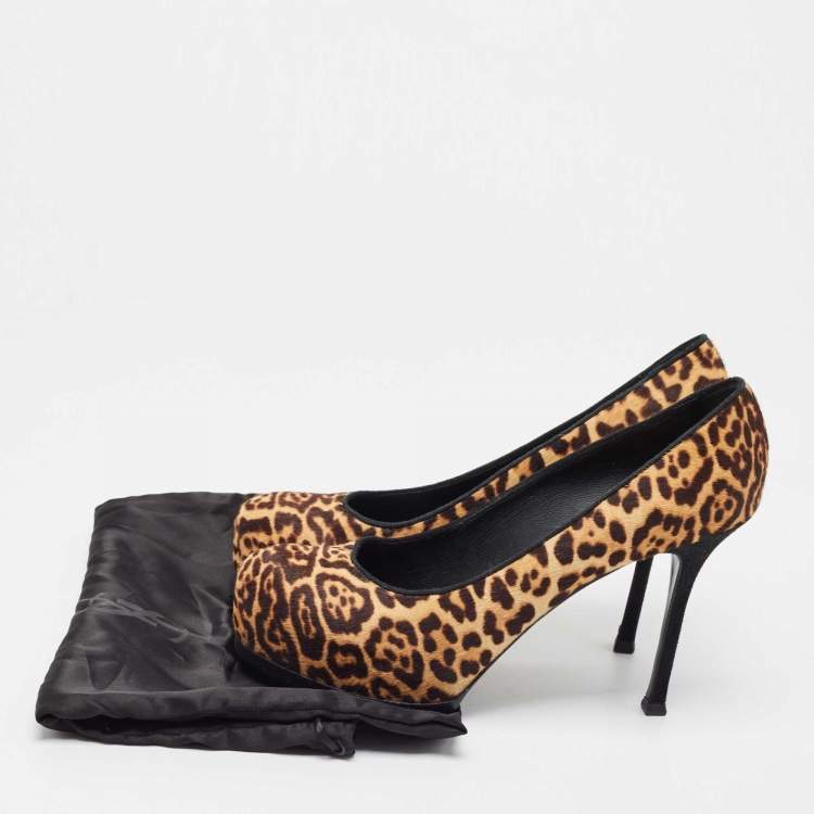 Pre Owned Saint Laurent Beige/Brown Leopard Print Calf Hair Tribtoo Pumps Size 39.5
