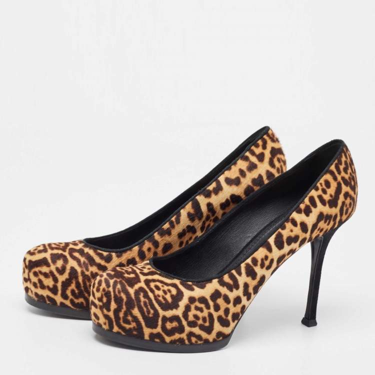 Pre Owned Saint Laurent Beige/Brown Leopard Print Calf Hair Tribtoo Pumps Size 39.5