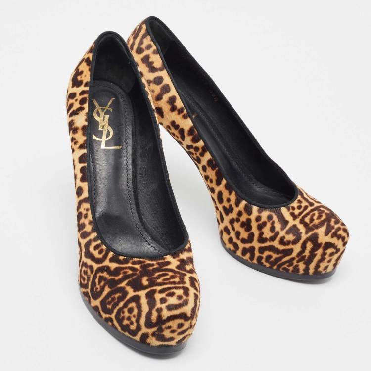 Pre Owned Saint Laurent Beige/Brown Leopard Print Calf Hair Tribtoo Pumps Size 39.5