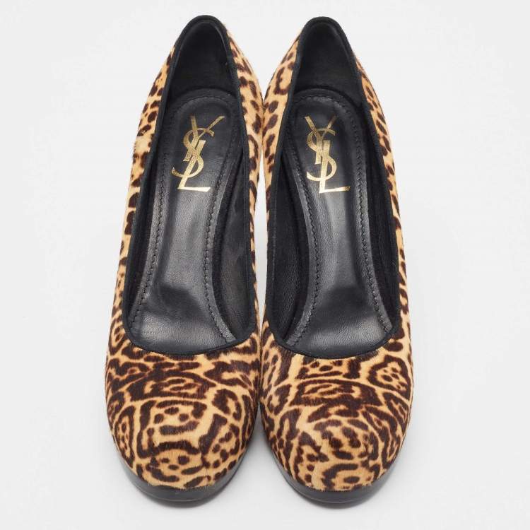 Pre Owned Saint Laurent Beige/Brown Leopard Print Calf Hair Tribtoo Pumps Size 39.5