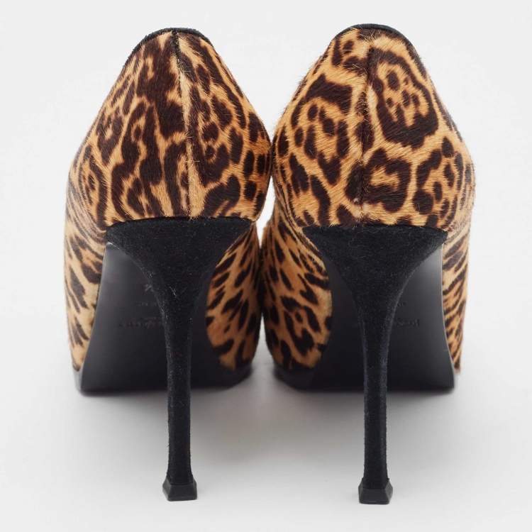 Pre Owned Saint Laurent Beige/Brown Leopard Print Calf Hair Tribtoo Pumps Size 39.5
