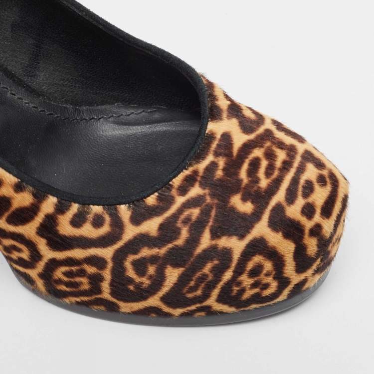 Pre Owned Saint Laurent Beige/Brown Leopard Print Calf Hair Tribtoo Pumps Size 39.5