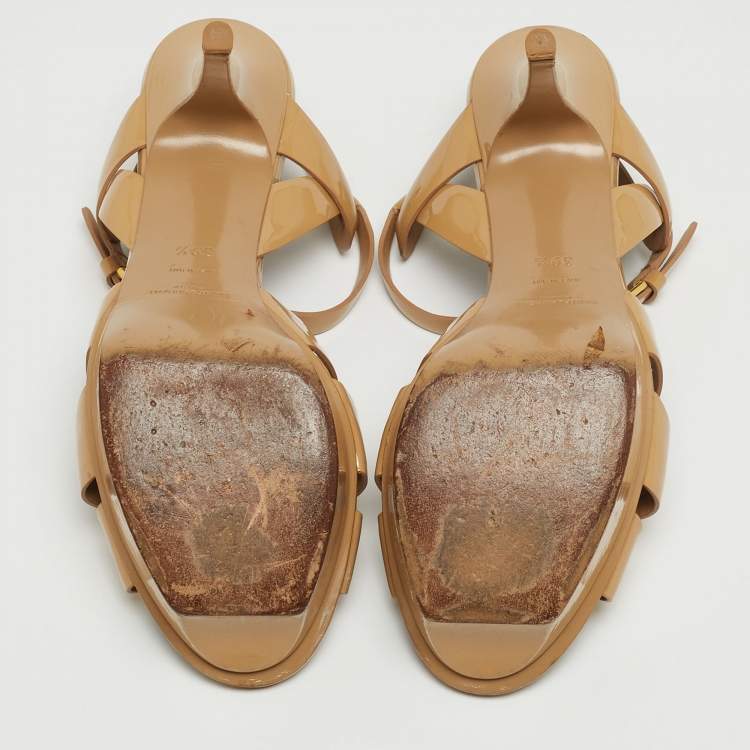 Pre Owned Saint Laurent Beige Patent Leather Tribute Sandals Size 39.5