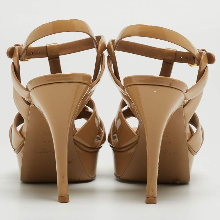 Pre Owned Saint Laurent Beige Patent Leather Tribute Sandals Size 39.5