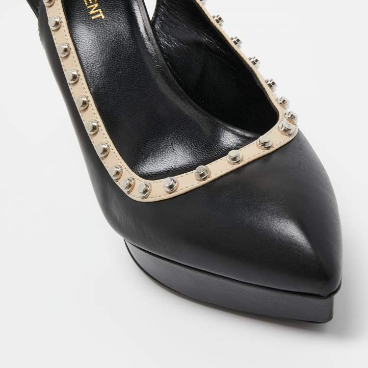 Pre Owned Saint Laurent Paris Black Leather Studded Platform Pointed Toe Slingback Pumps Size 39