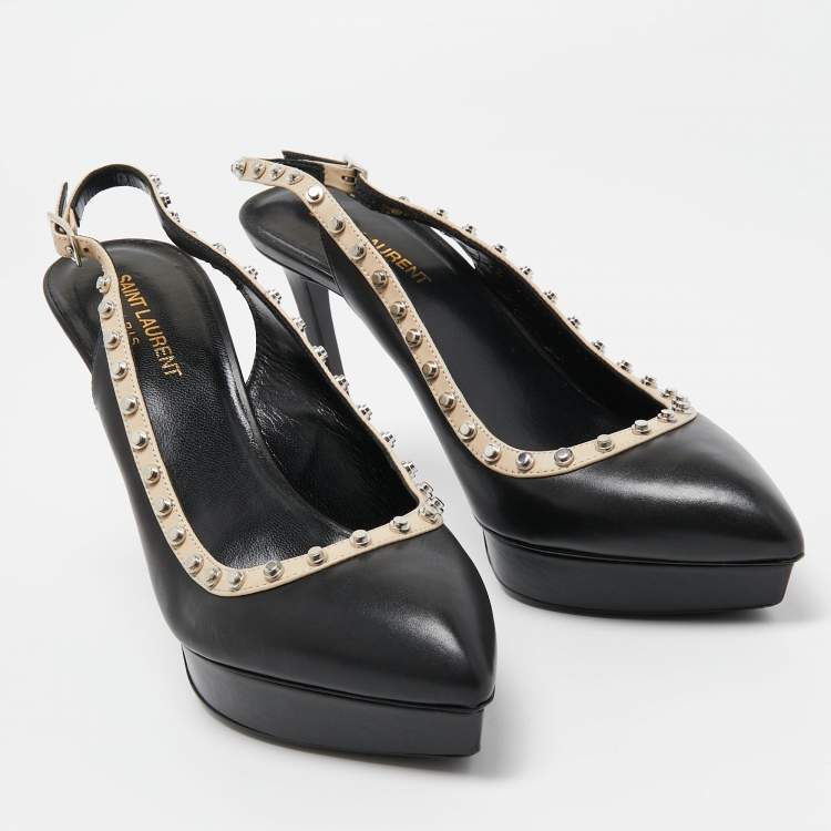 Pre Owned Saint Laurent Paris Black Leather Studded Platform Pointed Toe Slingback Pumps Size 39