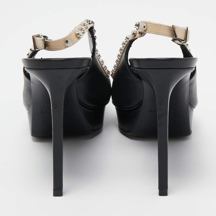 Pre Owned Saint Laurent Paris Black Leather Studded Platform Pointed Toe Slingback Pumps Size 39