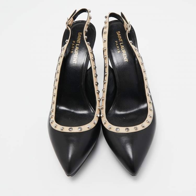 Pre Owned Saint Laurent Paris Black Leather Studded Platform Pointed Toe Slingback Pumps Size 39