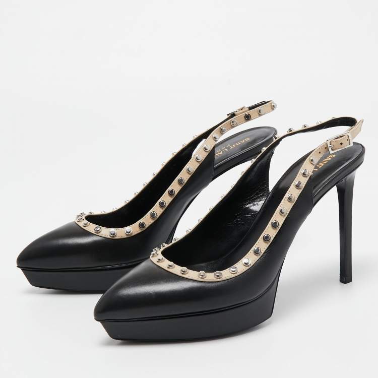 Pre Owned Saint Laurent Paris Black Leather Studded Platform Pointed Toe Slingback Pumps Size 39