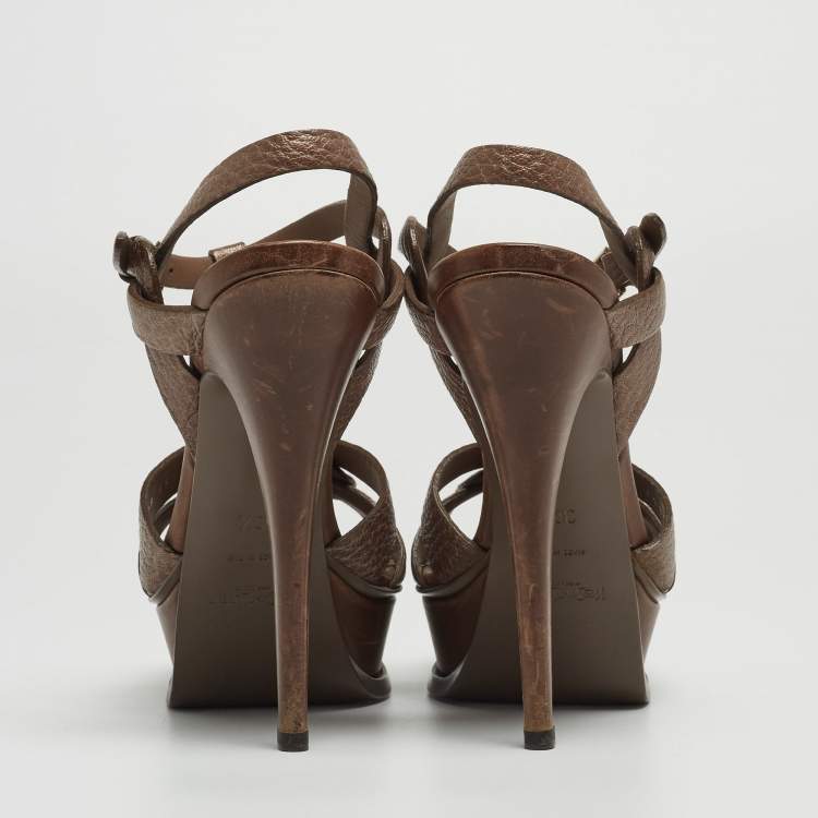 Pre Owned Saint Laurent Brown Leather Tribute Sandals Size 36.5