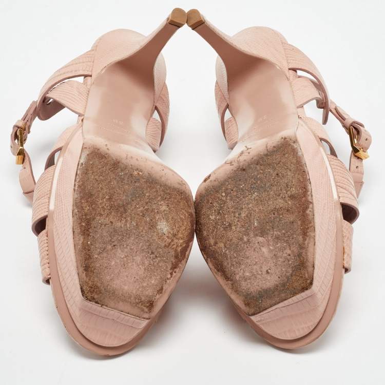 Pre Owned Saint Laurent Pink Embossed Lizard Tribute Sandals Size 38