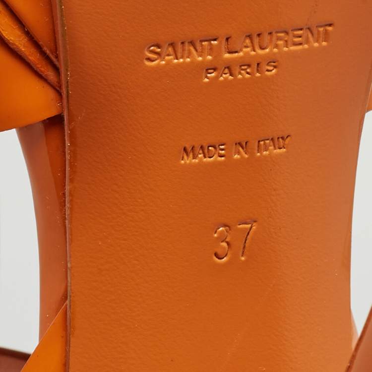 Pre Owned Saint Laurent Orange Patent Leather  Tribute Ankle Strap Sandals Size 37