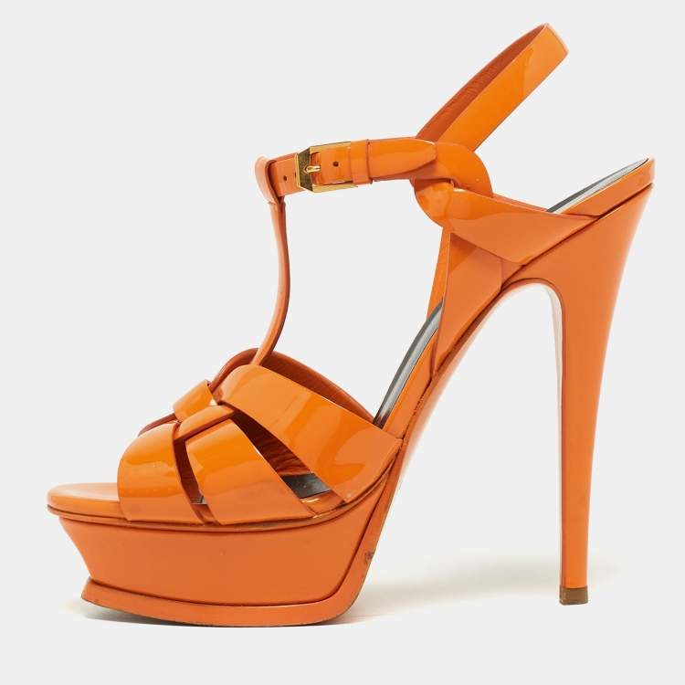 Pre Owned Saint Laurent Orange Patent Leather  Tribute Ankle Strap Sandals Size 37
