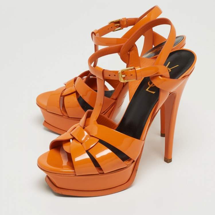 Pre Owned Saint Laurent Orange Patent Leather  Tribute Ankle Strap Sandals Size 37