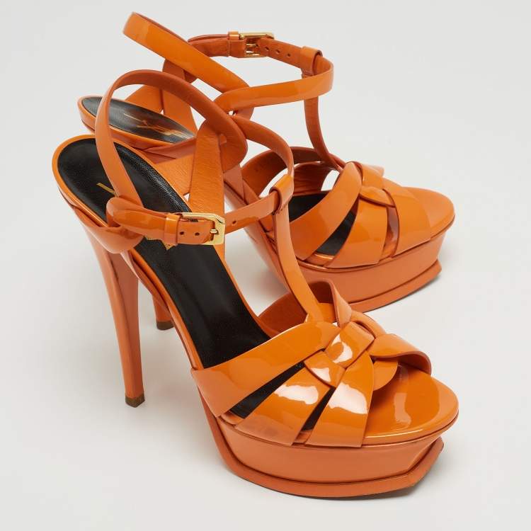 Pre Owned Saint Laurent Orange Patent Leather  Tribute Ankle Strap Sandals Size 37