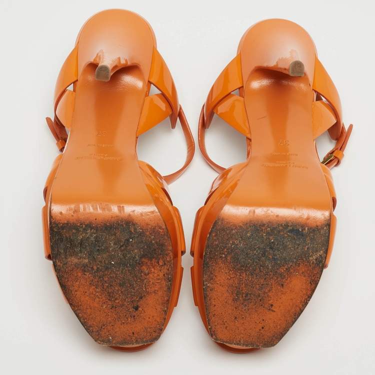 Pre Owned Saint Laurent Orange Patent Leather  Tribute Ankle Strap Sandals Size 37