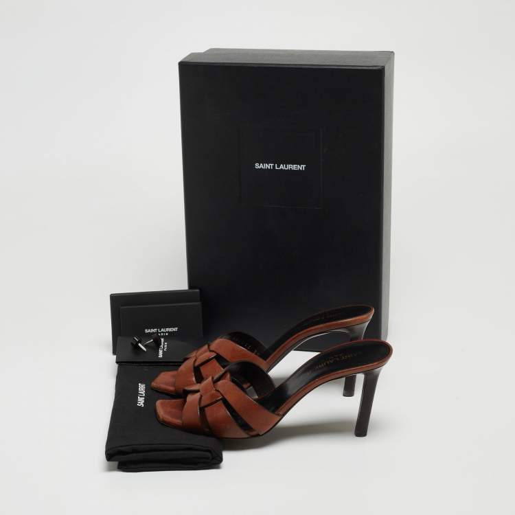 Pre Owned Saint Laurent Paris Brown Leather Tribute Open Slide Sandals Size 37