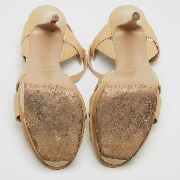 Pre Owned Saint Laurent Beige Patent Tribute Ankle Sandals Size 40.5
