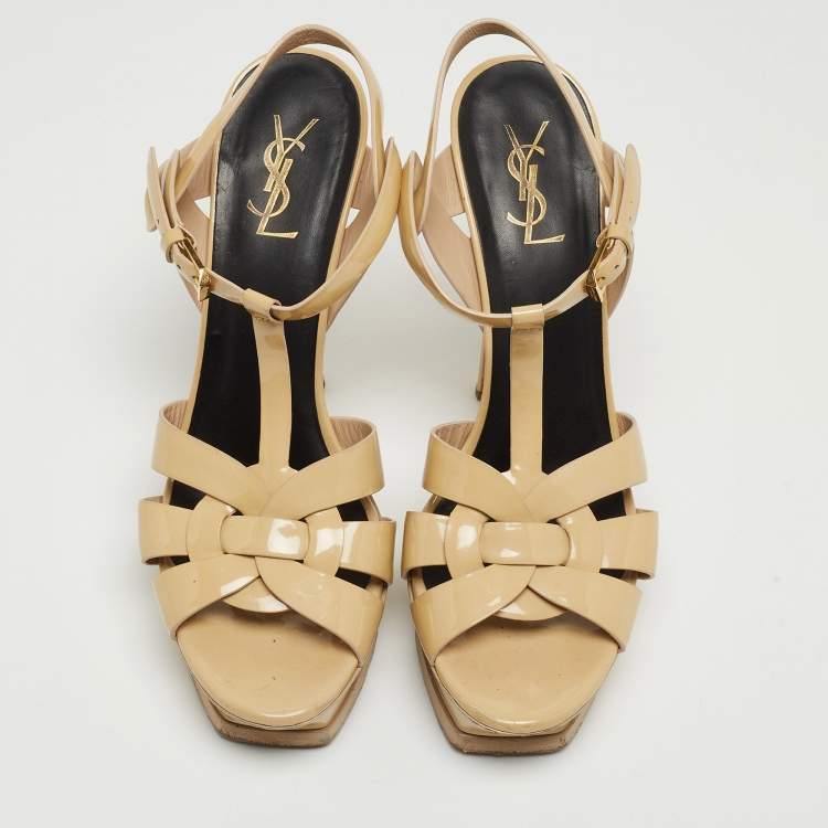 Pre Owned Saint Laurent Beige Patent Tribute Ankle Sandals Size 40.5