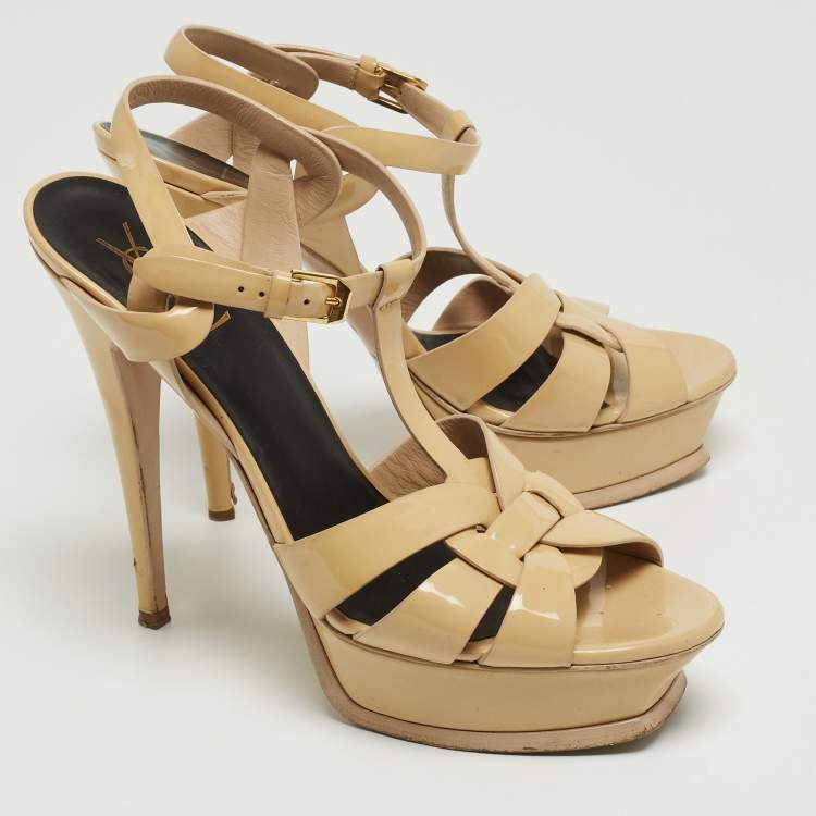 Pre Owned Saint Laurent Beige Patent Tribute Ankle Sandals Size 40.5