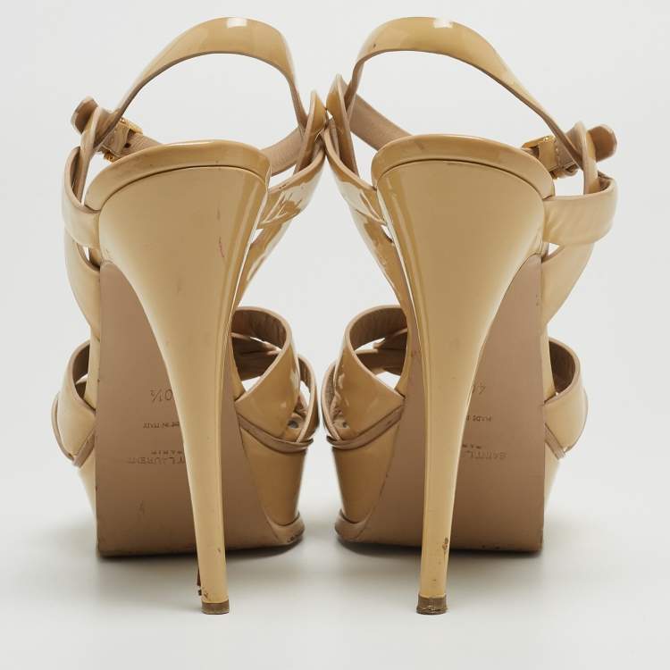Pre Owned Saint Laurent Beige Patent Tribute Ankle Sandals Size 40.5