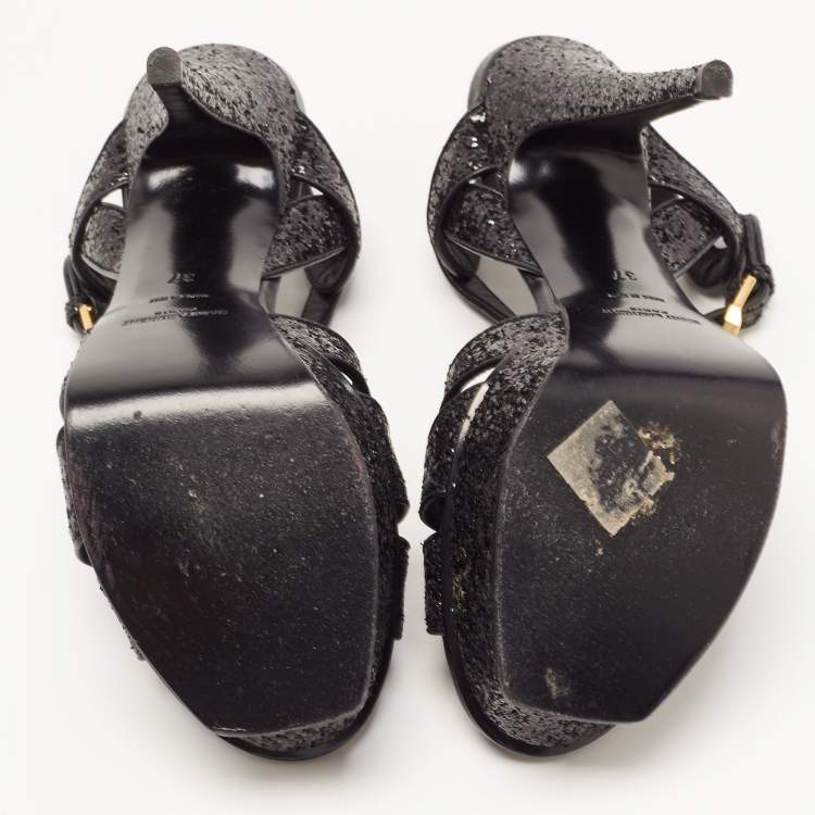 Pre Owned Saint Laurent  Black Glitter Tribute Ankle Strap Sandals Size 37
