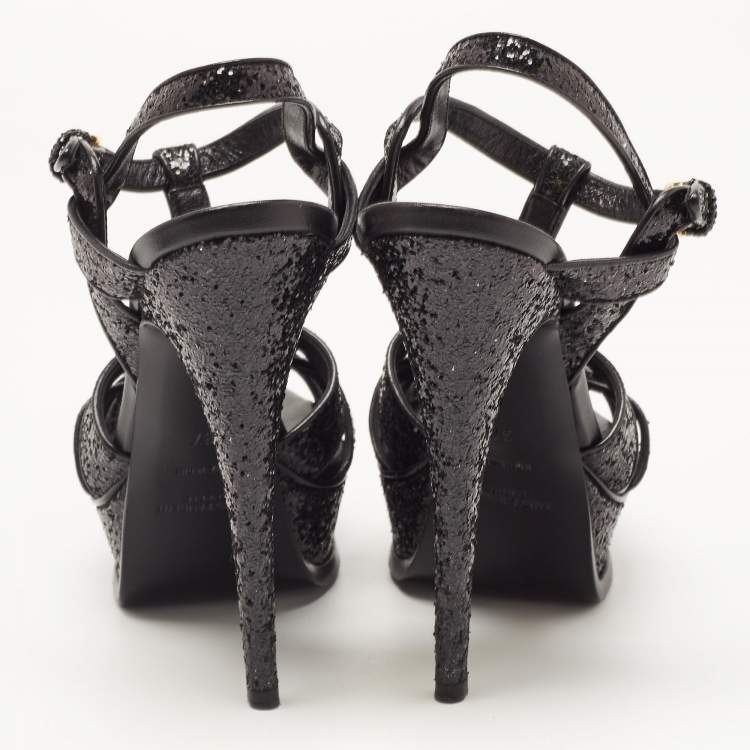 Pre Owned Saint Laurent  Black Glitter Tribute Ankle Strap Sandals Size 37