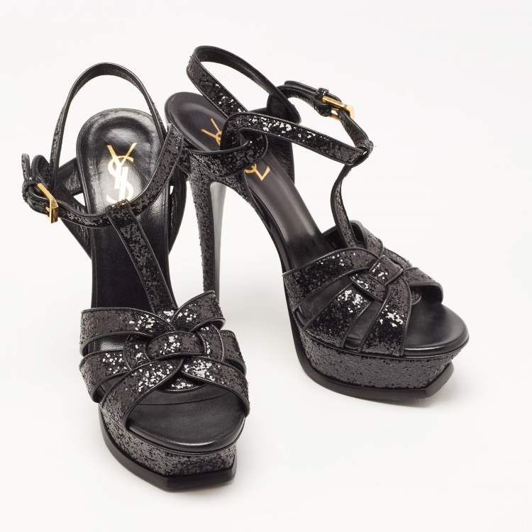 Pre Owned Saint Laurent  Black Glitter Tribute Ankle Strap Sandals Size 37