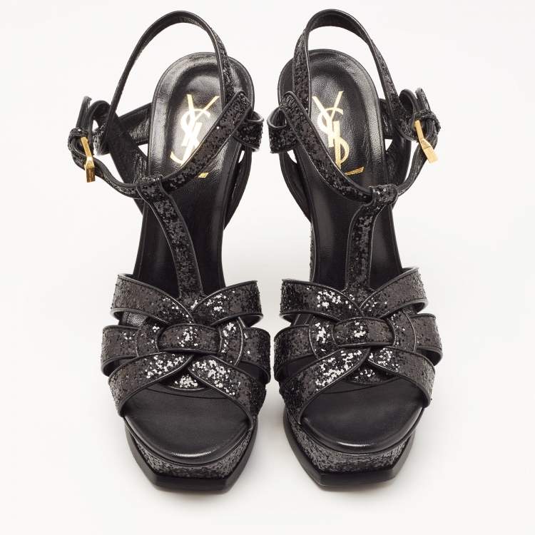Pre Owned Saint Laurent  Black Glitter Tribute Ankle Strap Sandals Size 37