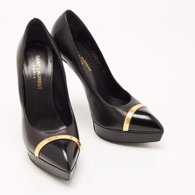 Pre Owned Saint Laurent Black Leather Cap Toe Platform Pumps Size 37