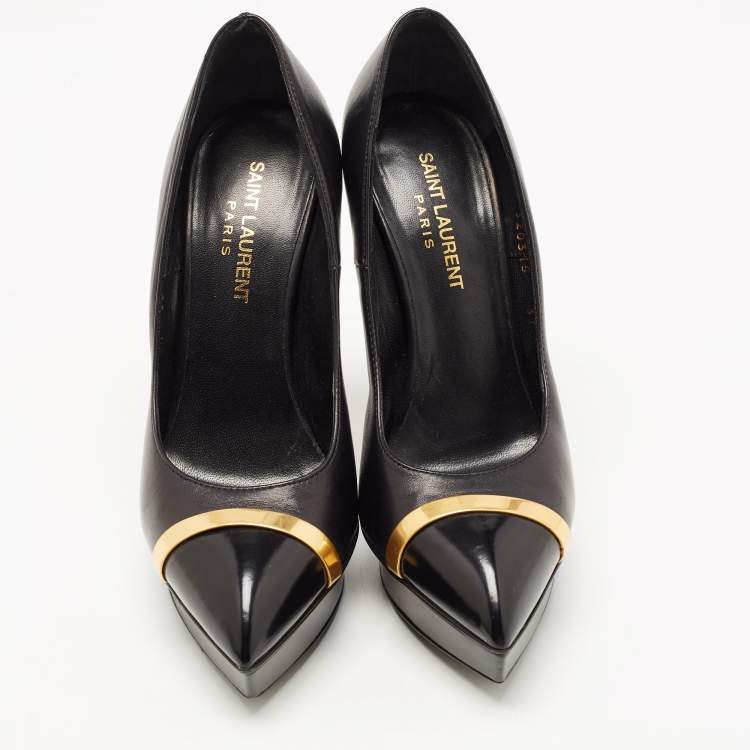 Pre Owned Saint Laurent Black Leather Cap Toe Platform Pumps Size 37
