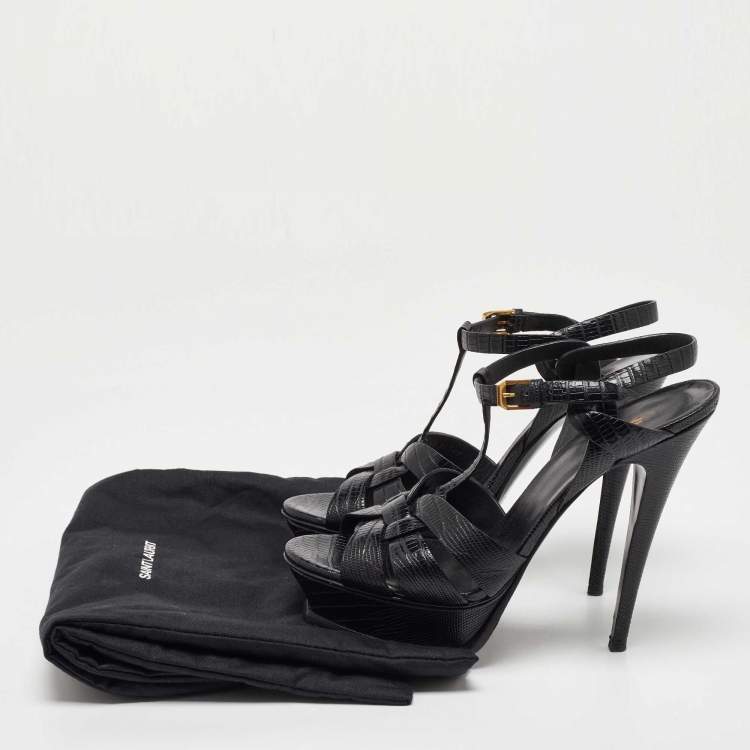 Pre Owned Saint Laurent Black Lizard Embossed Leather Tribute Platform Sandals Size 40