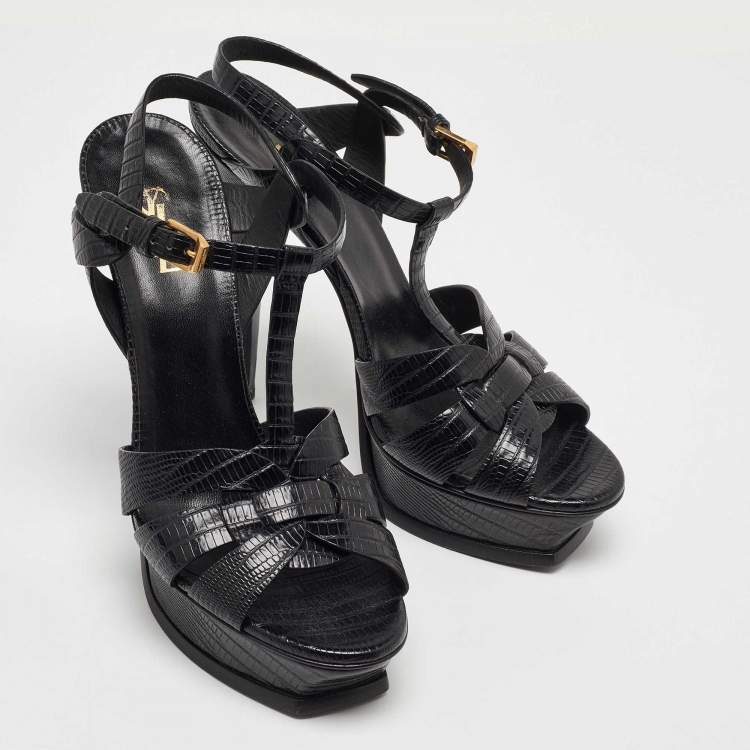 Pre Owned Saint Laurent Black Lizard Embossed Leather Tribute Platform Sandals Size 40