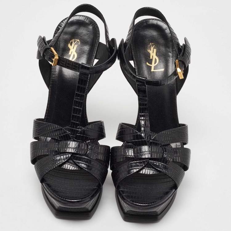 Pre Owned Saint Laurent Black Lizard Embossed Leather Tribute Platform Sandals Size 40