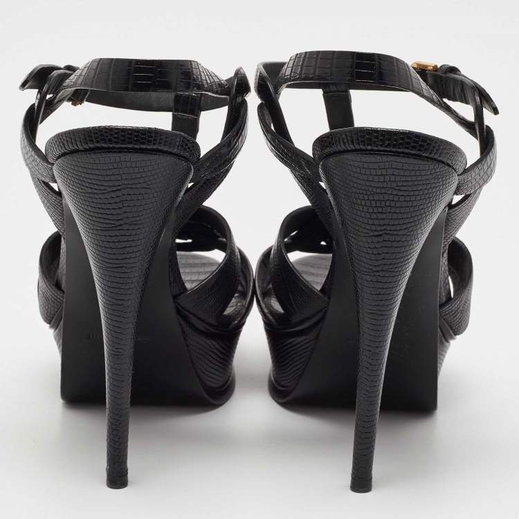 Pre Owned Saint Laurent Black Lizard Embossed Leather Tribute Platform Sandals Size 40