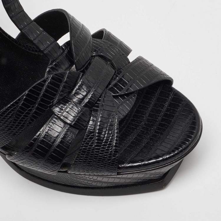 Pre Owned Saint Laurent Black Lizard Embossed Leather Tribute Platform Sandals Size 40
