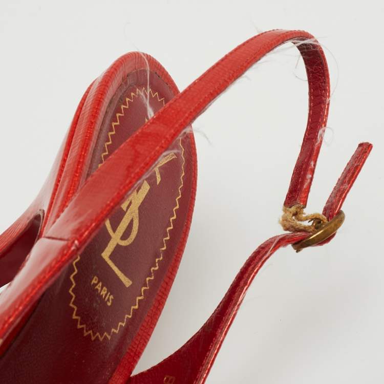 Pre Owned Saint Laurent Red Patent Leather Tribtoo Slingback Pumps Size 37.5
