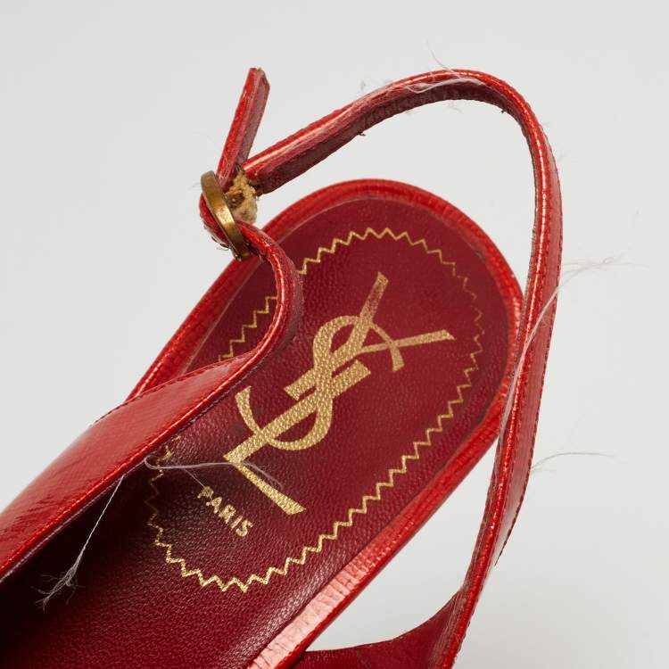 Pre Owned Saint Laurent Red Patent Leather Tribtoo Slingback Pumps Size 37.5