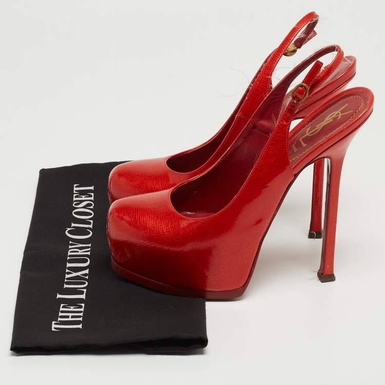 Pre Owned Saint Laurent Red Patent Leather Tribtoo Slingback Pumps Size 37.5
