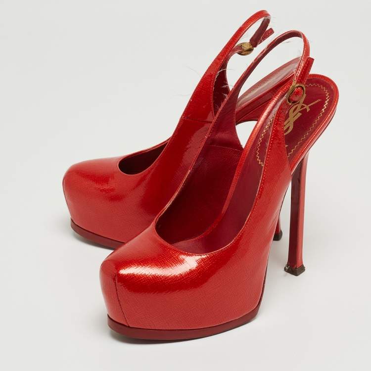 Pre Owned Saint Laurent Red Patent Leather Tribtoo Slingback Pumps Size 37.5