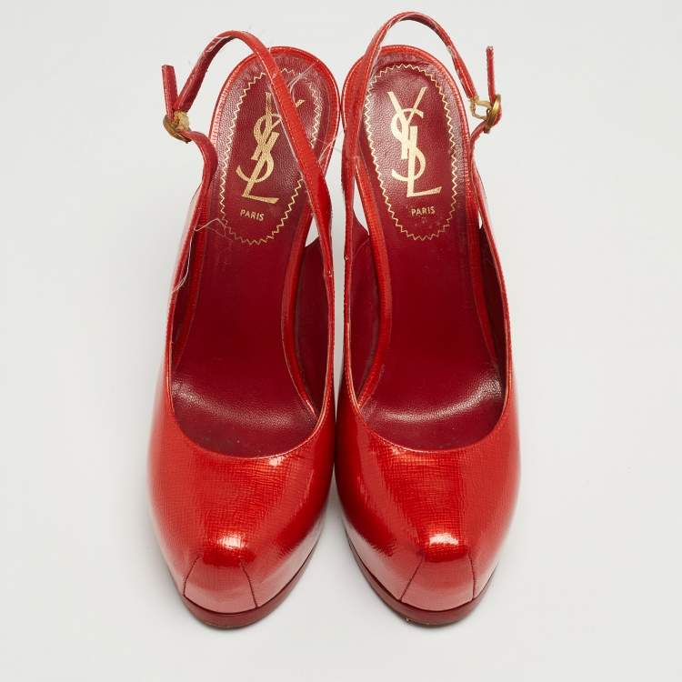 Pre Owned Saint Laurent Red Patent Leather Tribtoo Slingback Pumps Size 37.5