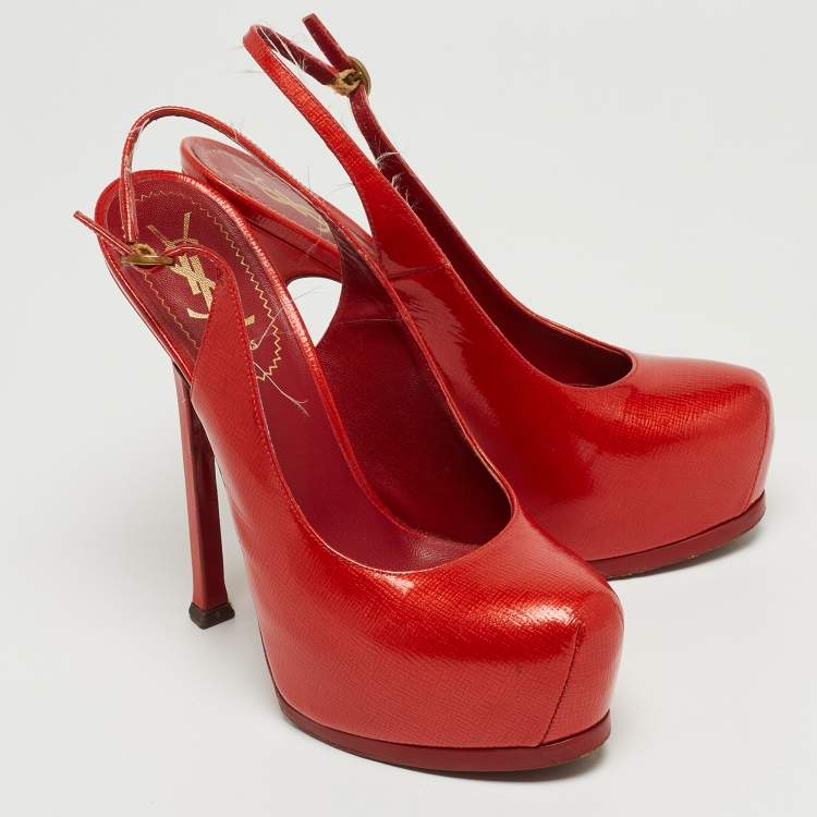 Pre Owned Saint Laurent Red Patent Leather Tribtoo Slingback Pumps Size 37.5