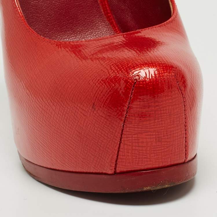 Pre Owned Saint Laurent Red Patent Leather Tribtoo Slingback Pumps Size 37.5