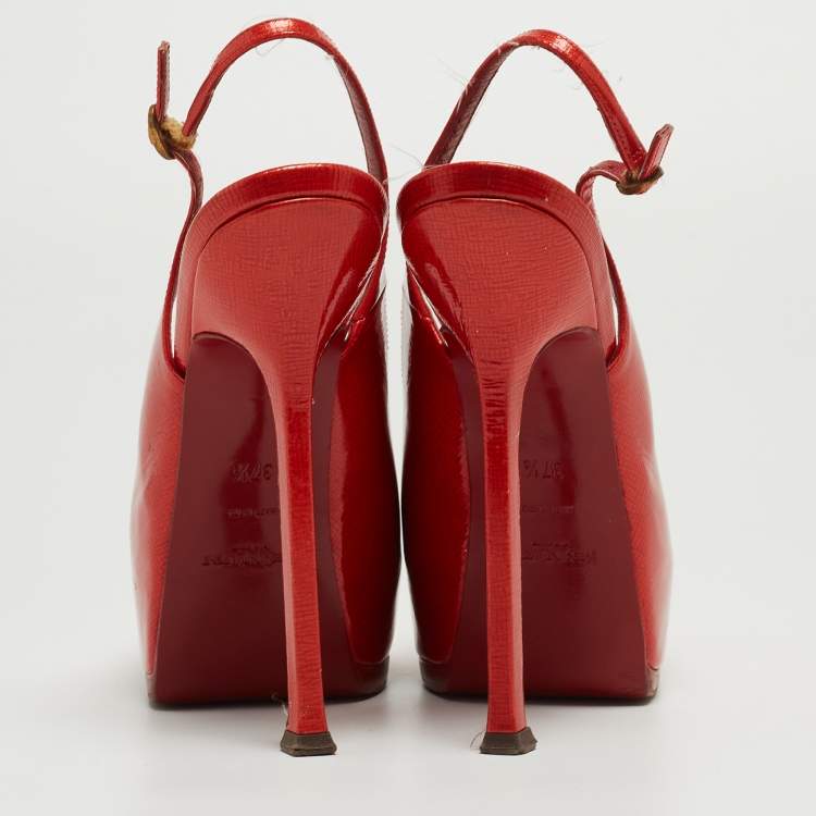 Pre Owned Saint Laurent Red Patent Leather Tribtoo Slingback Pumps Size 37.5