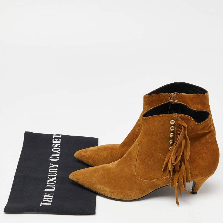 Pre Owned Saint Laurent Brown Suede Pointed Toe Fringe Ankle Boots Size 38