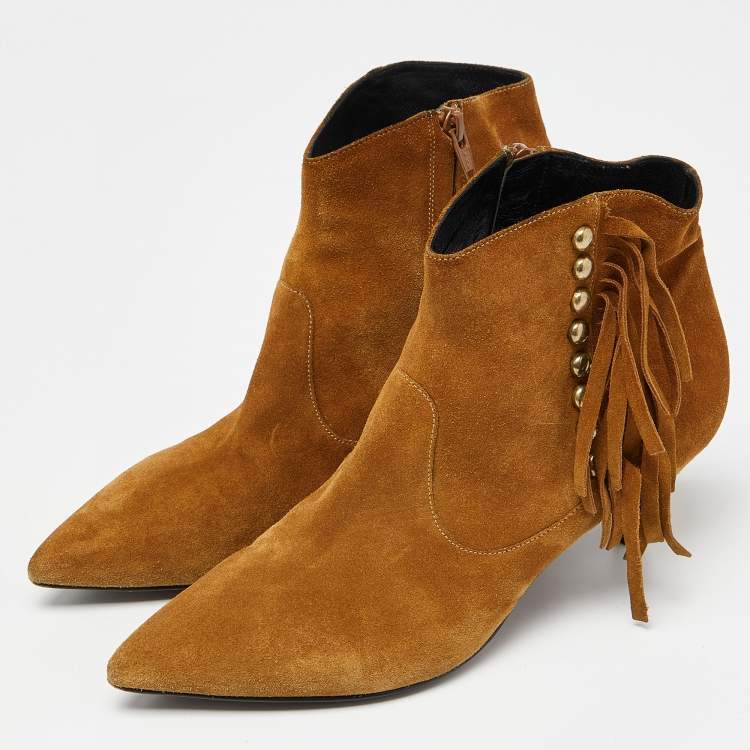 Pre Owned Saint Laurent Brown Suede Pointed Toe Fringe Ankle Boots Size 38