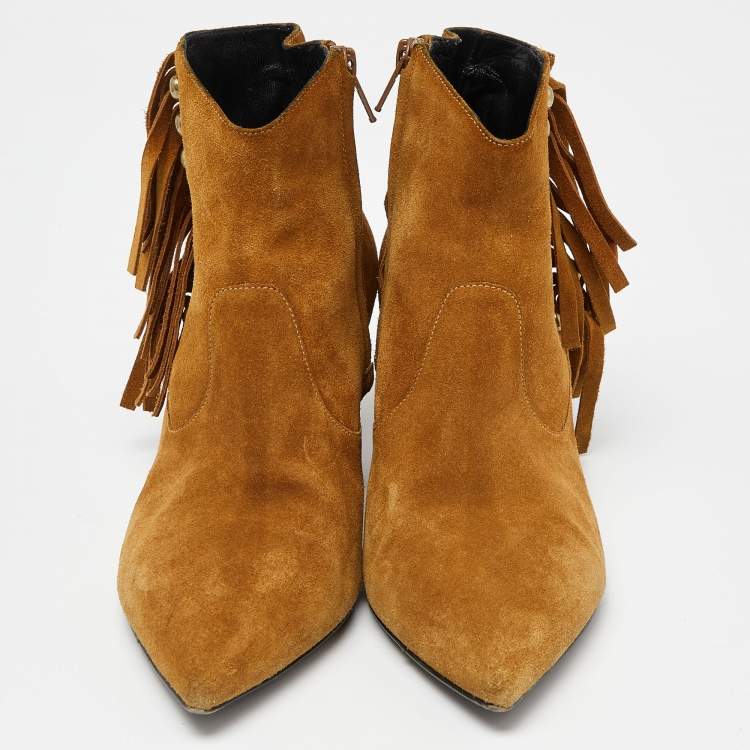 Pre Owned Saint Laurent Brown Suede Pointed Toe Fringe Ankle Boots Size 38