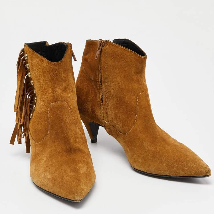 Pre Owned Saint Laurent Brown Suede Pointed Toe Fringe Ankle Boots Size 38