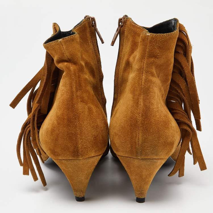 Pre Owned Saint Laurent Brown Suede Pointed Toe Fringe Ankle Boots Size 38
